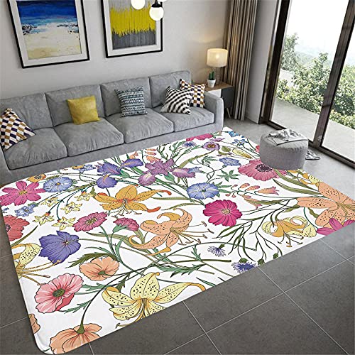 IOWLDMW Kinderteppich Teppichbodenmatte für den Heimbereich Weiße Rosa Blaue Blumen Bereich Teppich 3D Effekt für Wohnzimmer Badezimmer Waschbar rutschfest 200 x 300 cm