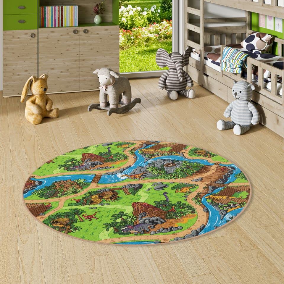 Snapstyle Kinderteppich Strassenteppich Spiel Teppich Dino Welt Grün Rund in 7 Größen