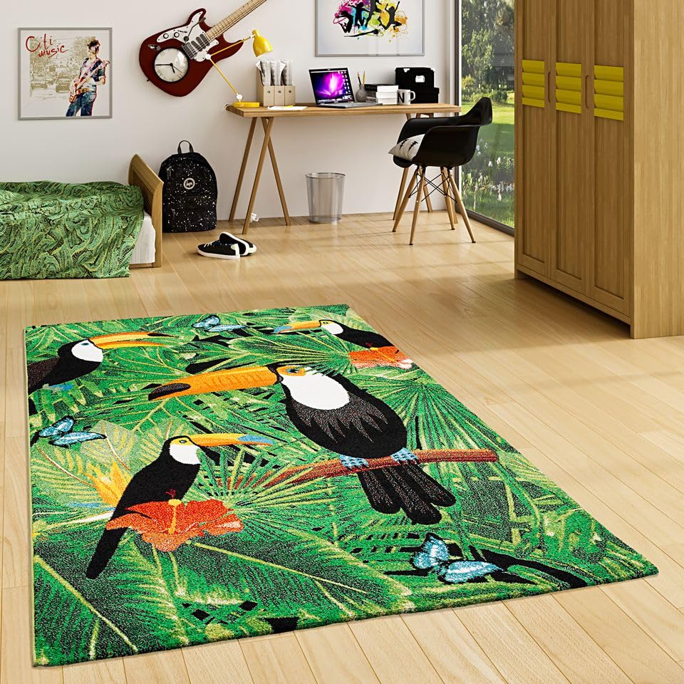 Pergamon Designer Teppich Faro Tropical Tukan Grün in 5 Größen