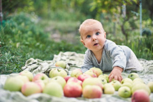 Baby auf einer Picknickdecke mit Äpfeln