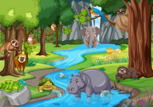 Dschungel mit Fluss und Tieren